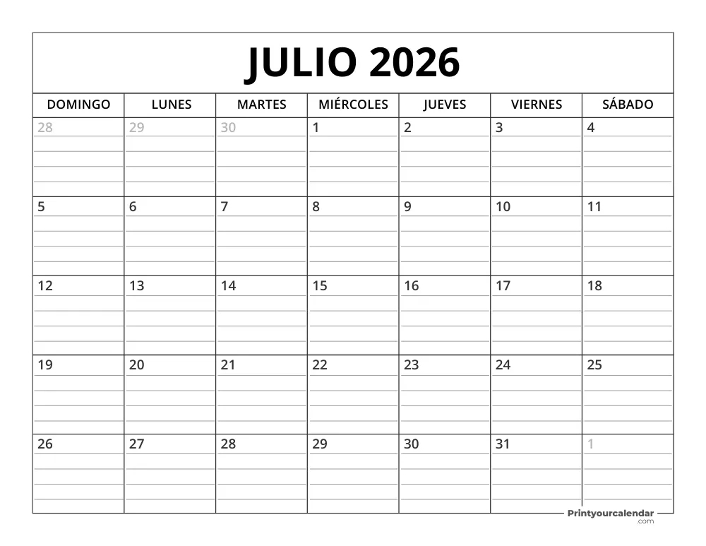Plantilla de Calendario Julio de 2026 