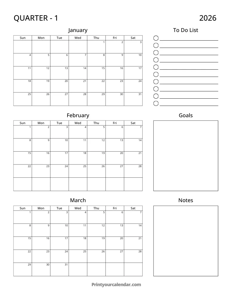 Printable 2026 Quarterly Calendar Q1