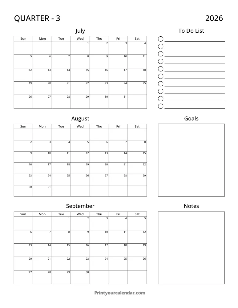 Printable 2026 Quarterly Calendar Q3
