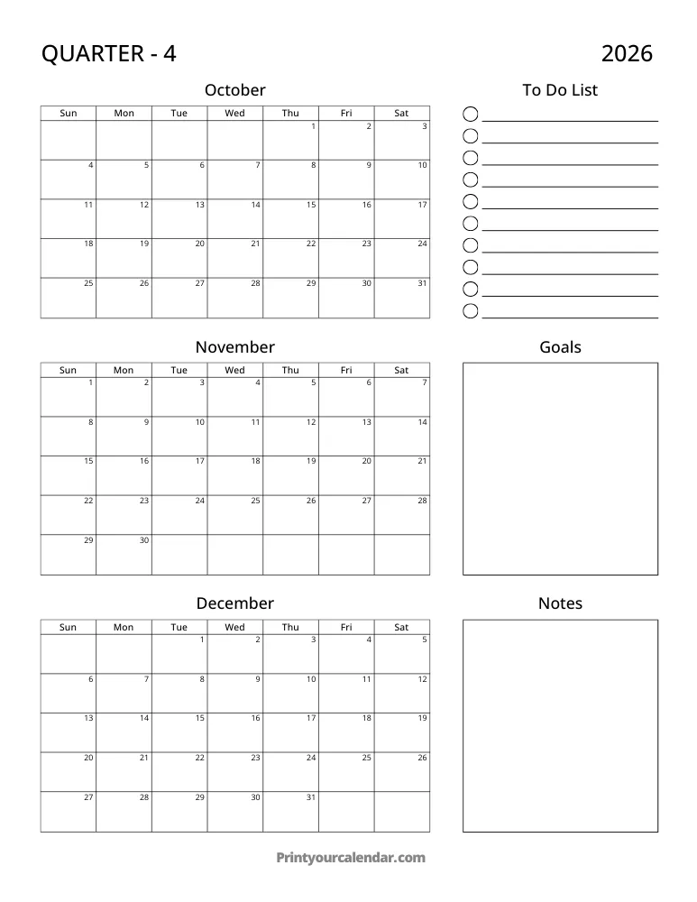 Printable 2026 Quarterly Calendar Q4