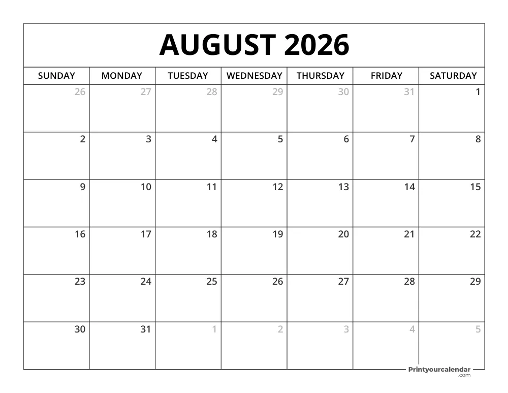 Printable August 2026 Calendar