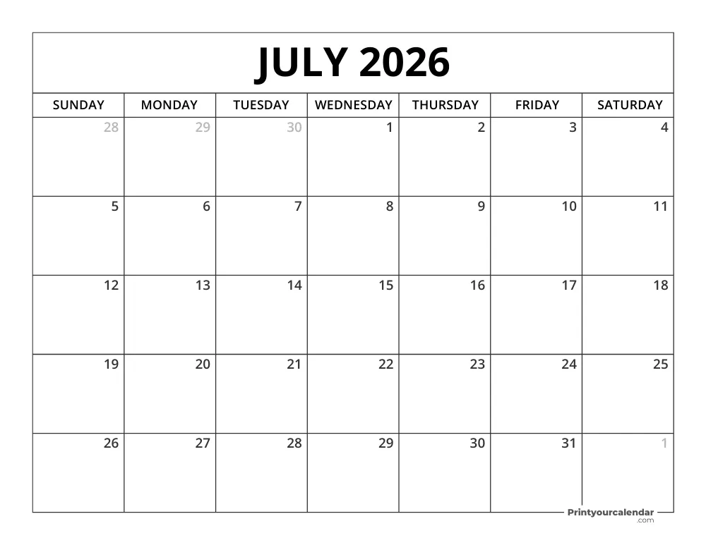 Printable July 2026 Calendar