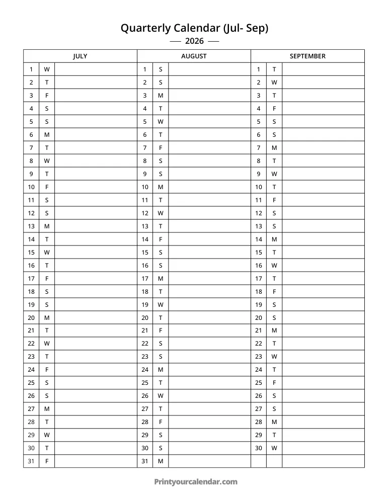 Quarterly Calendar 2026 Jul-Sep