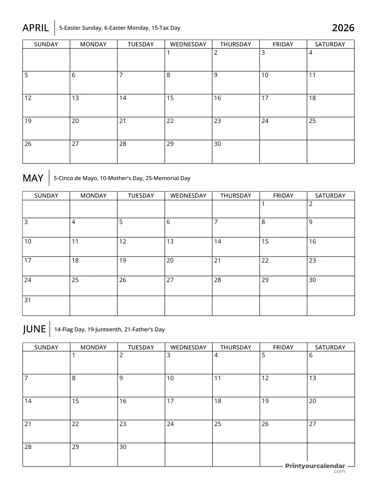 Quarterly Calendar 2026 Q2