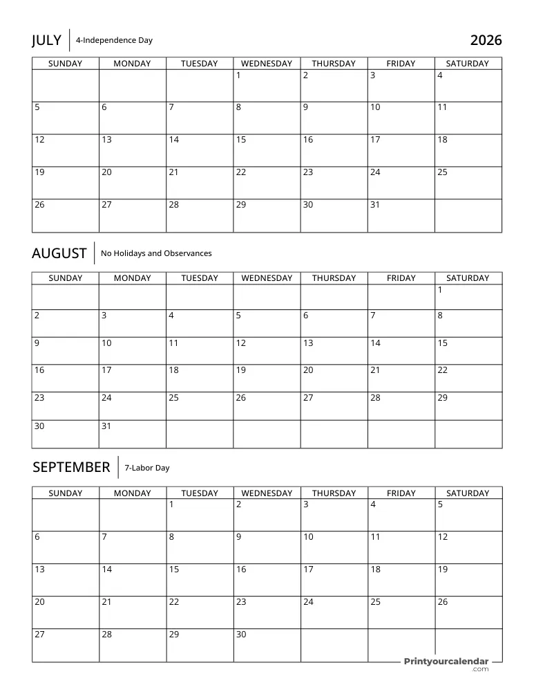 Quarterly Calendar 2026 Q3