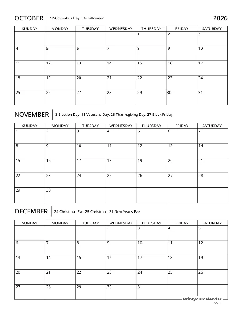 Quarterly Calendar 2026 Q4