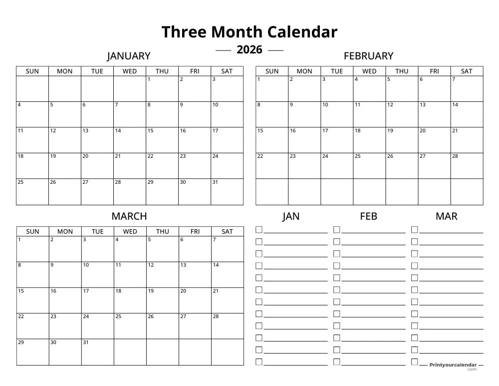 Quarterly Calendar Template 2026 Q1