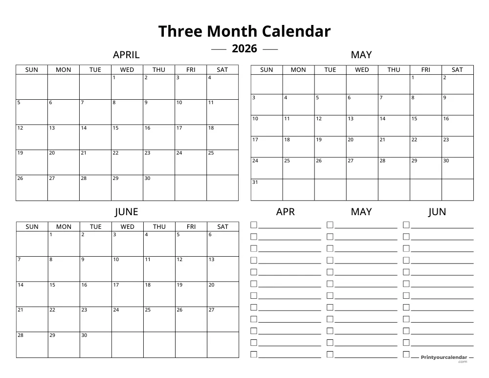 Quarterly Calendar Template 2026 Q2