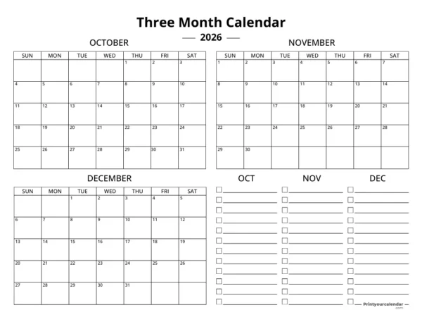 Quarterly Calendar Template 2026 Q4