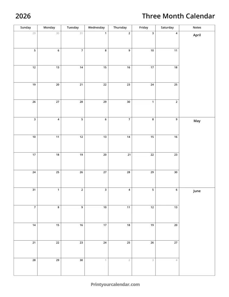 Three Month Calendar 2026 Q2