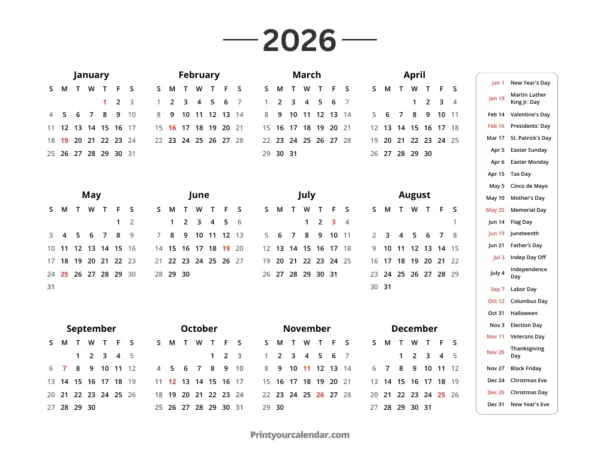 Year Calendar 2026 with holidays Landscape