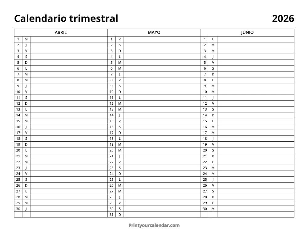 2026 Calendario trimestral T2