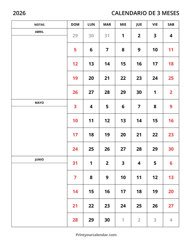 Calendario de 3 meses 2026 Abr-Jun