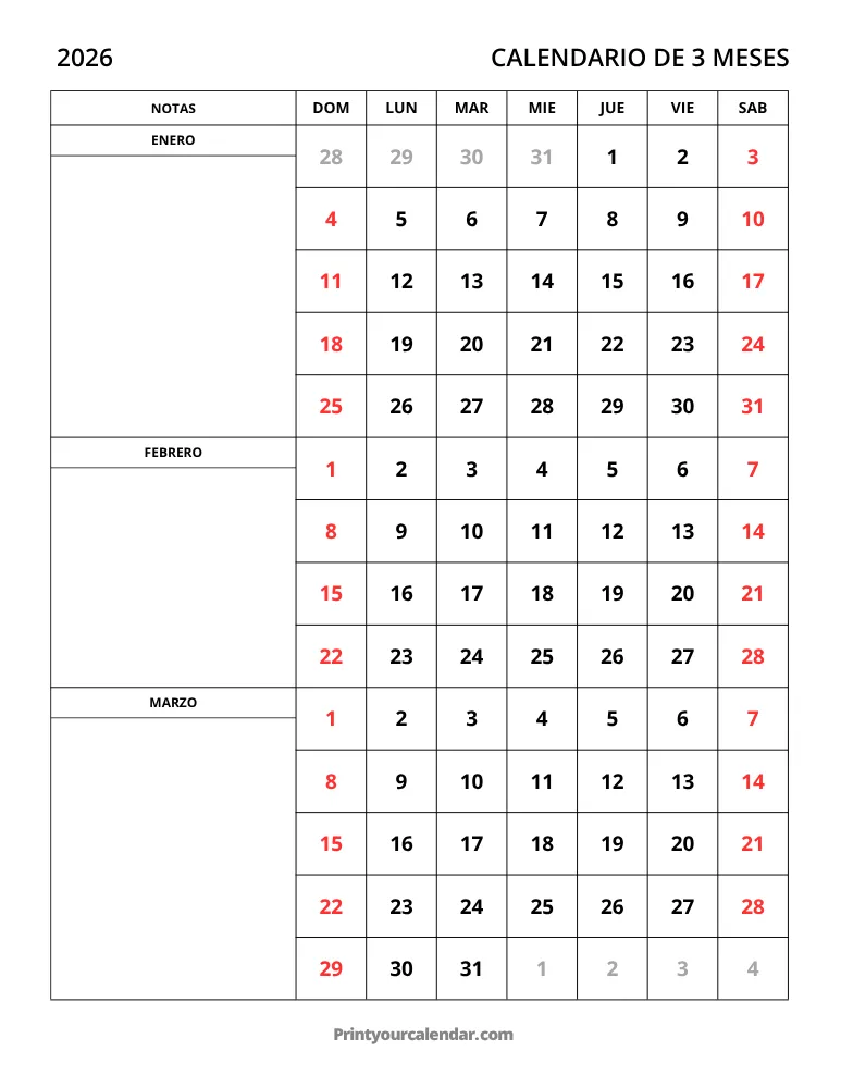 Calendario de 3 meses 2026 Ene-Mar