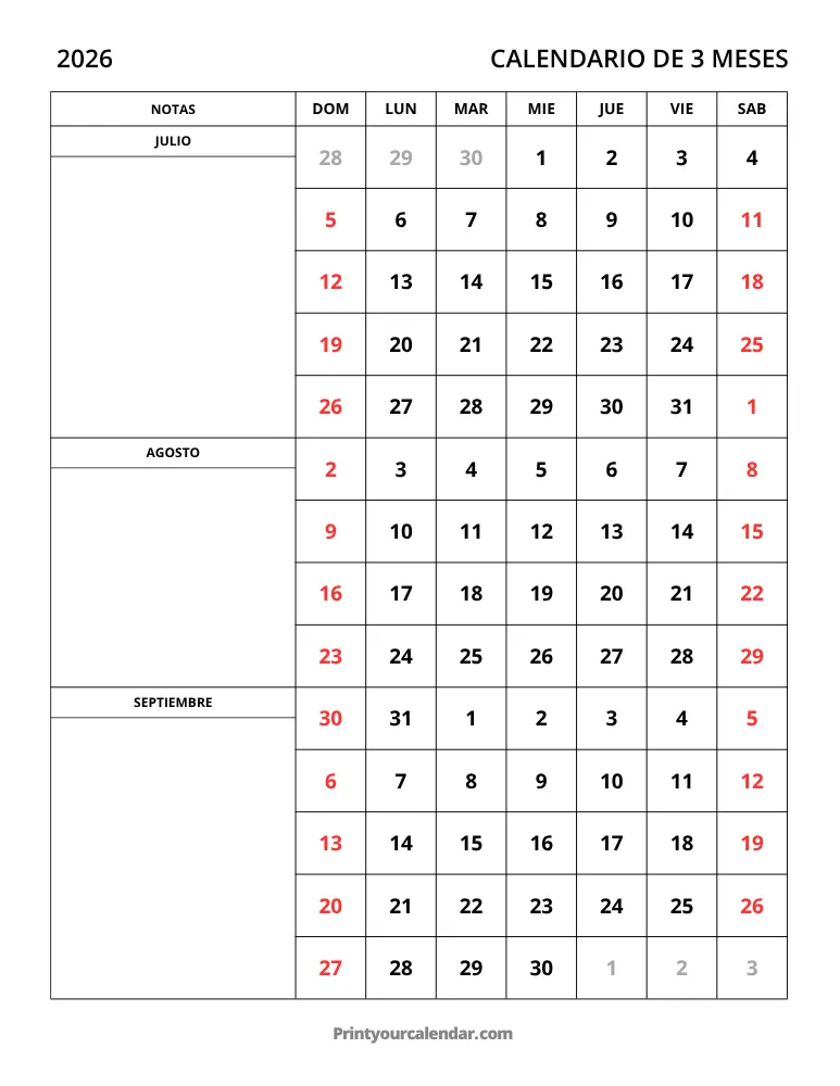 Calendario de 3 meses 2026 Jul-Sep