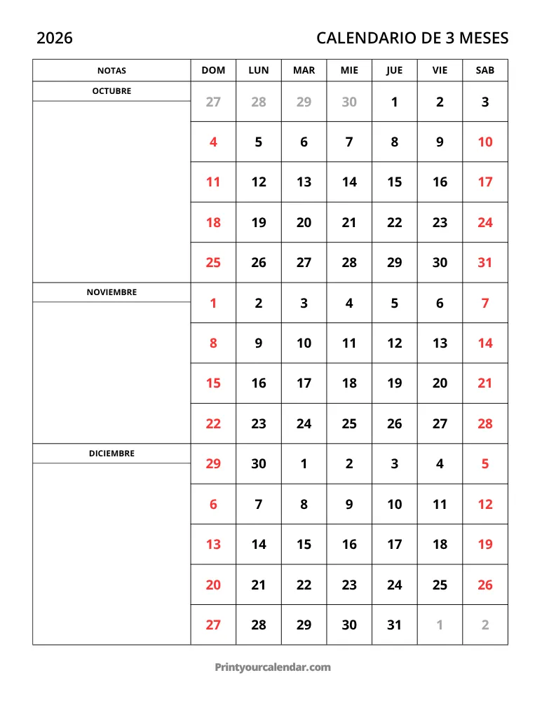 Calendario de 3 meses 2026 Oct-Dic