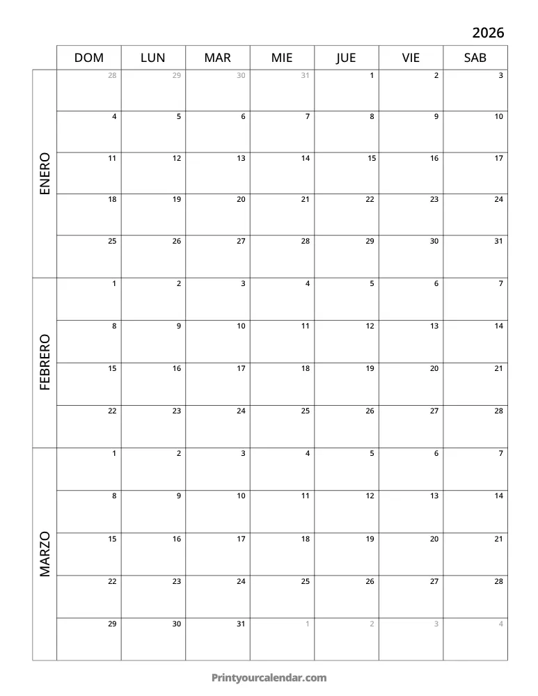 Calendario de 3 meses 2026 T1