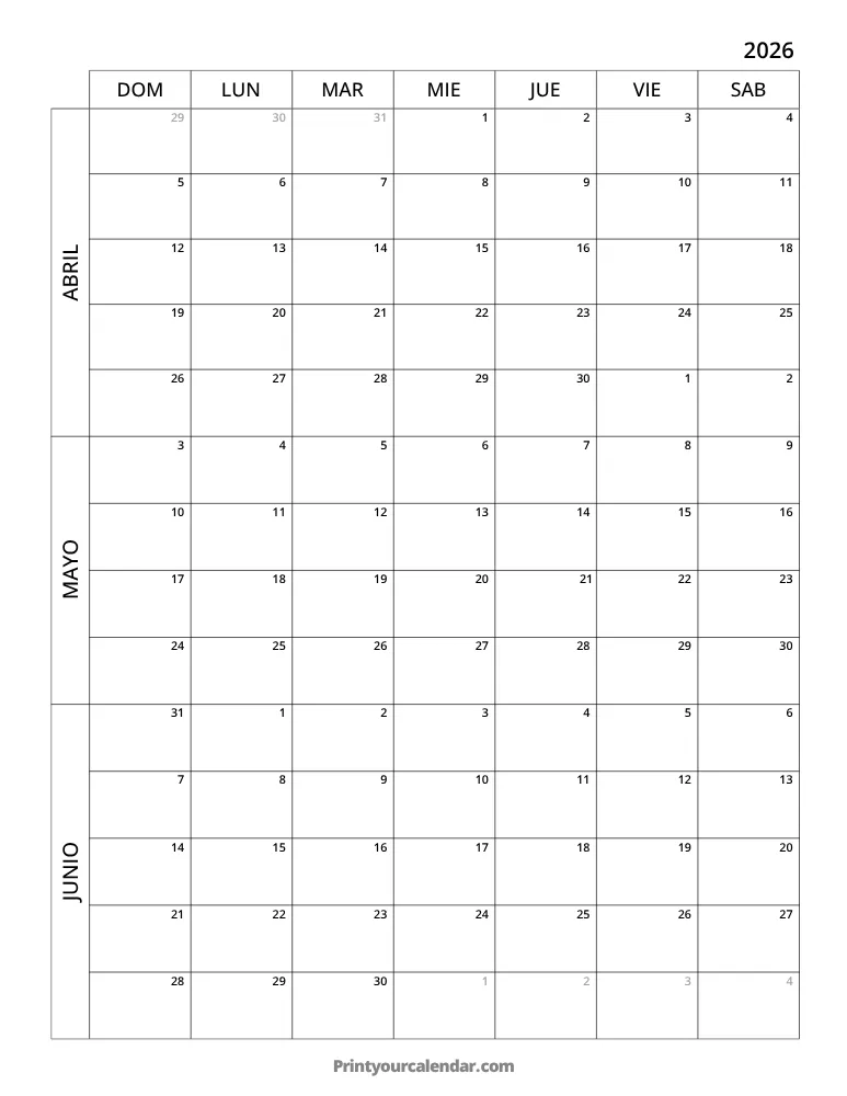 Calendario de 3 meses 2026 T2