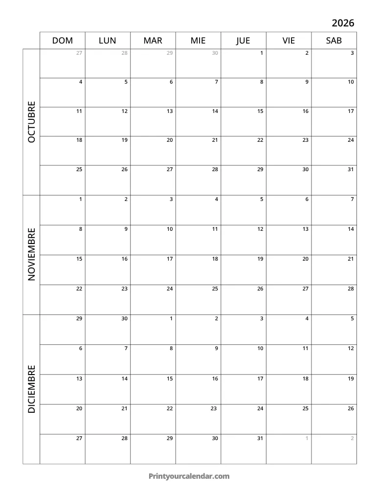 Calendario de 3 meses 2026 T4