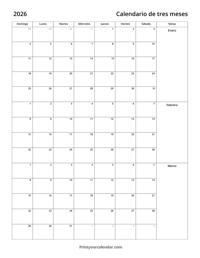 Calendario de tres meses 2026 T1