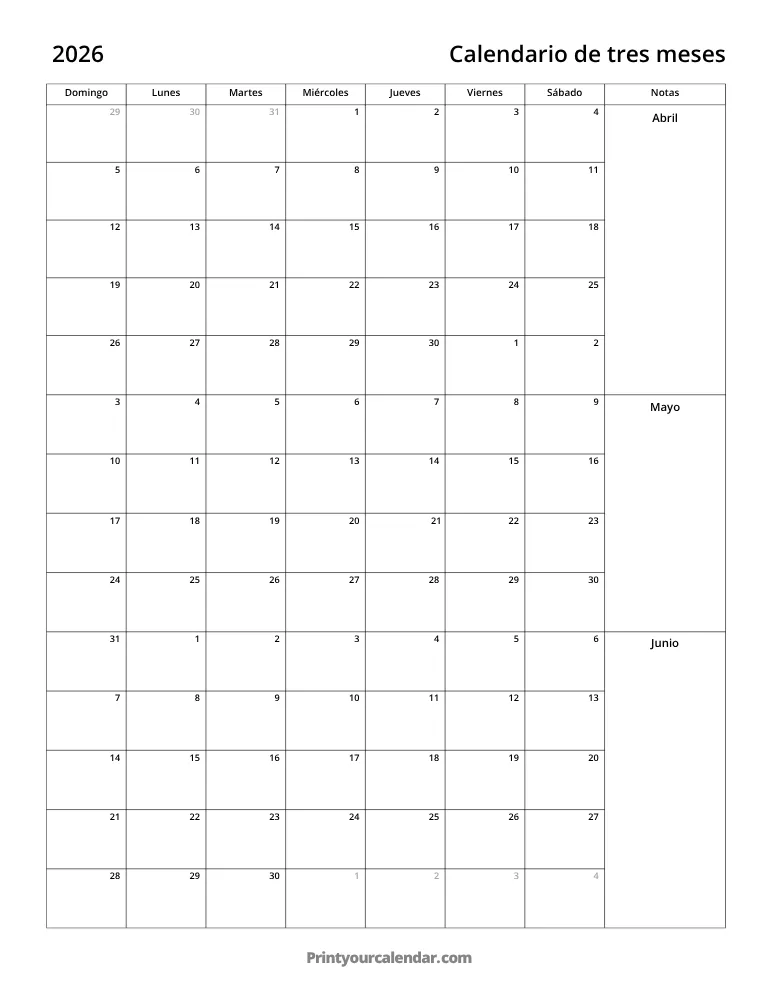 Calendario de tres meses 2026 T2