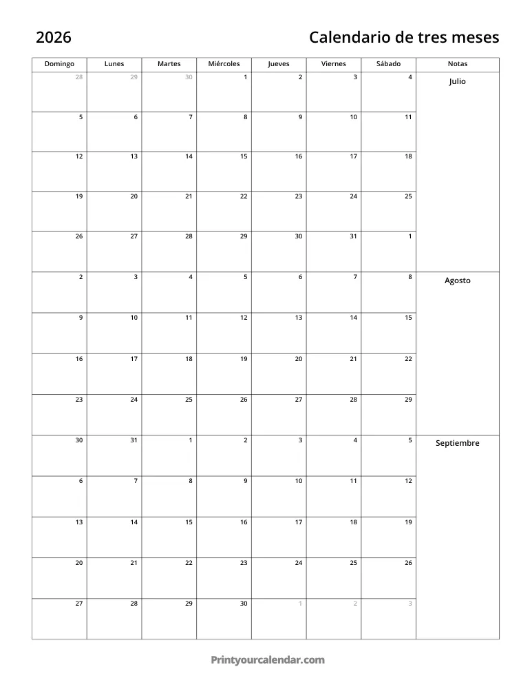 Calendario de tres meses 2026 T3