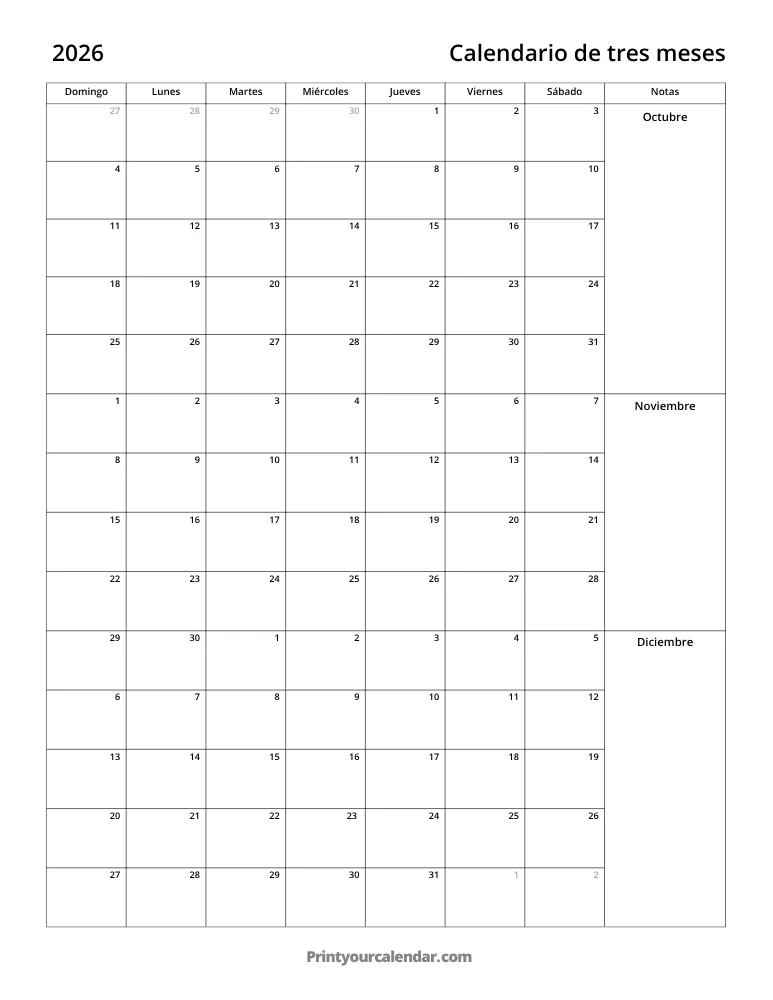 Calendario de tres meses 2026 T4