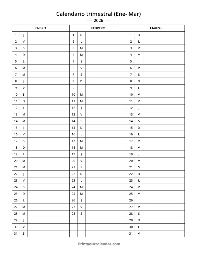 Calendario trimestral 2026 Ene-Mar