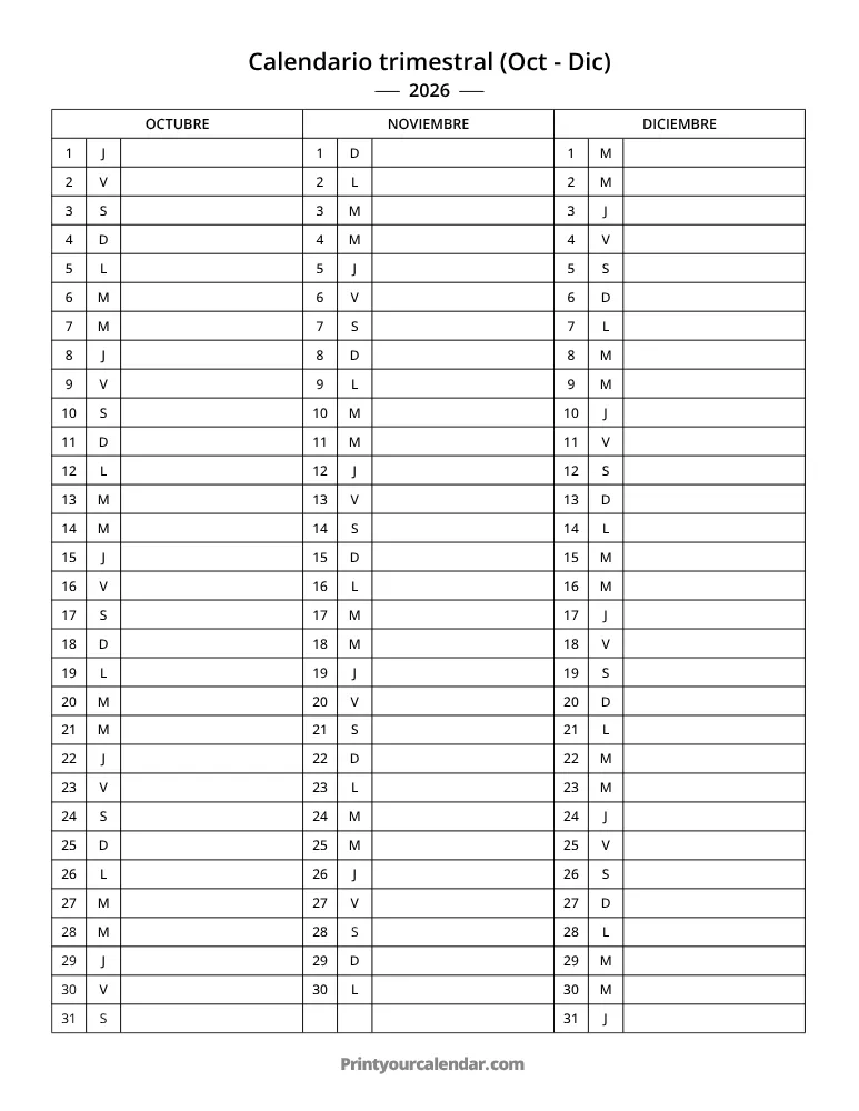 Calendario trimestral 2026 Oct-Dic