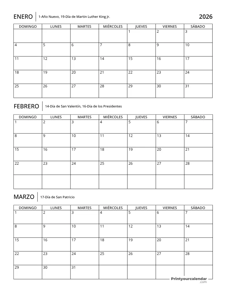 Calendario trimestral 2026 T1