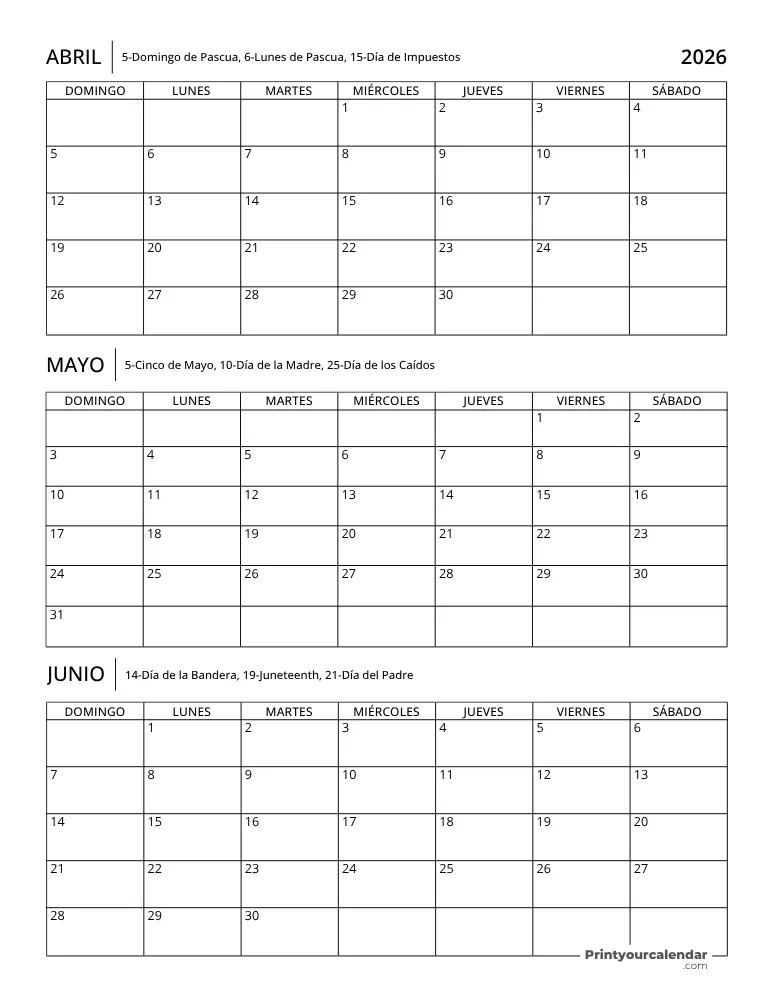 Calendario trimestral 2026 T2