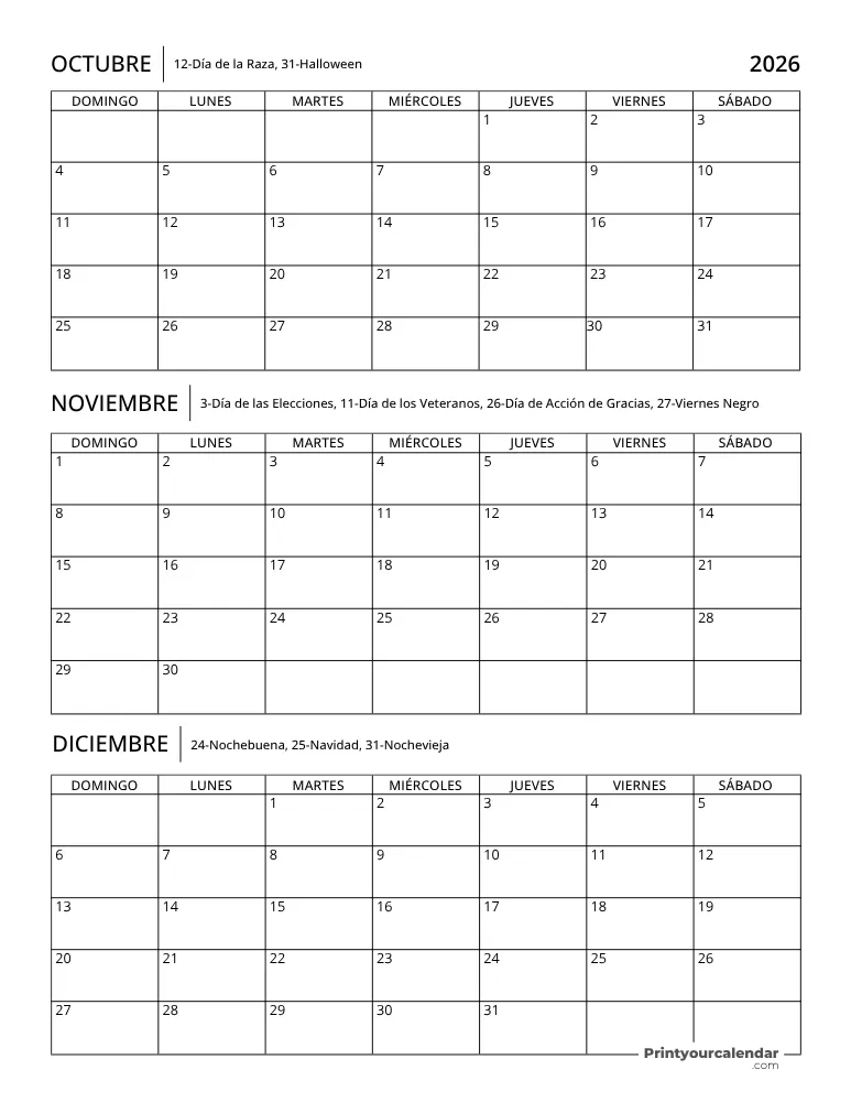 Calendario trimestral 2026 T4