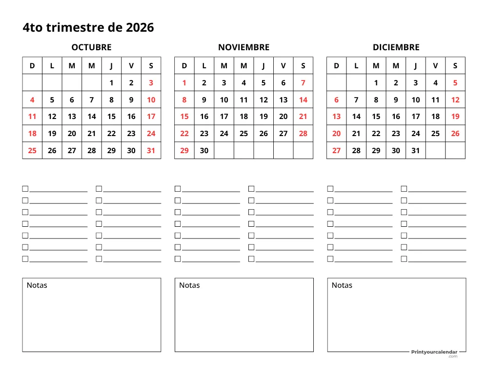 Calendario trimestral del cuarto trimestre de 2026