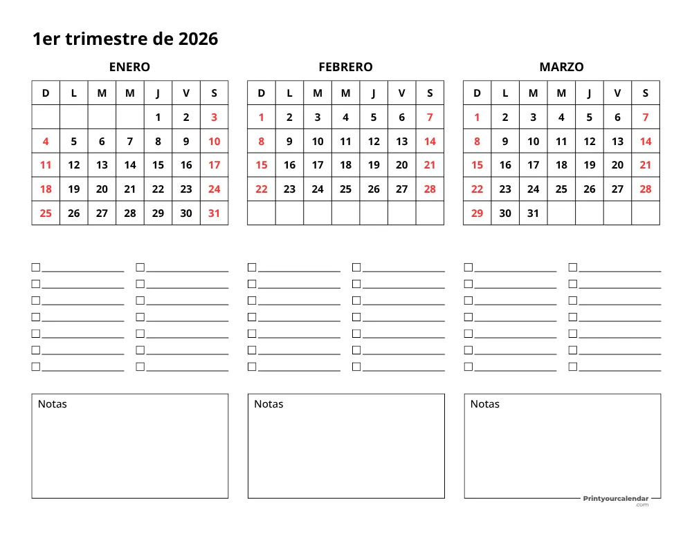 Calendario trimestral del primer trimestre de 2026