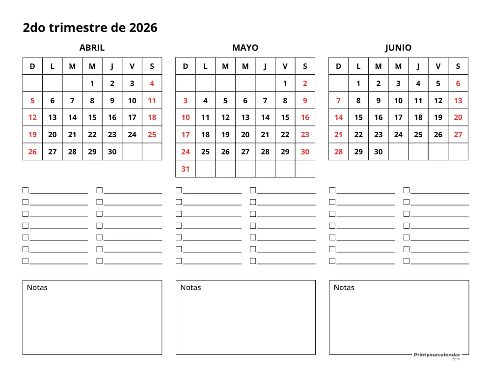 Calendario trimestral del segundo trimestre de 2026