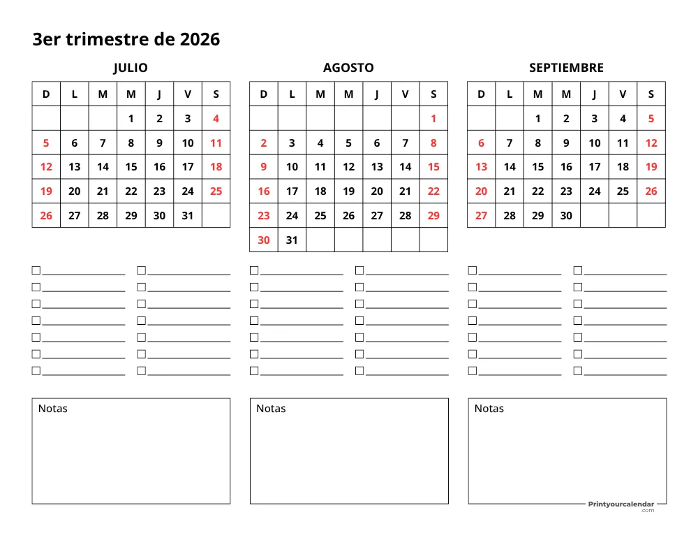 Calendario trimestral del tercer trimestre de 2026