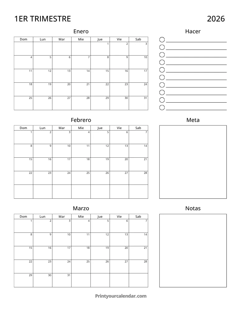 Calendario trimestral imprimible T1 2026