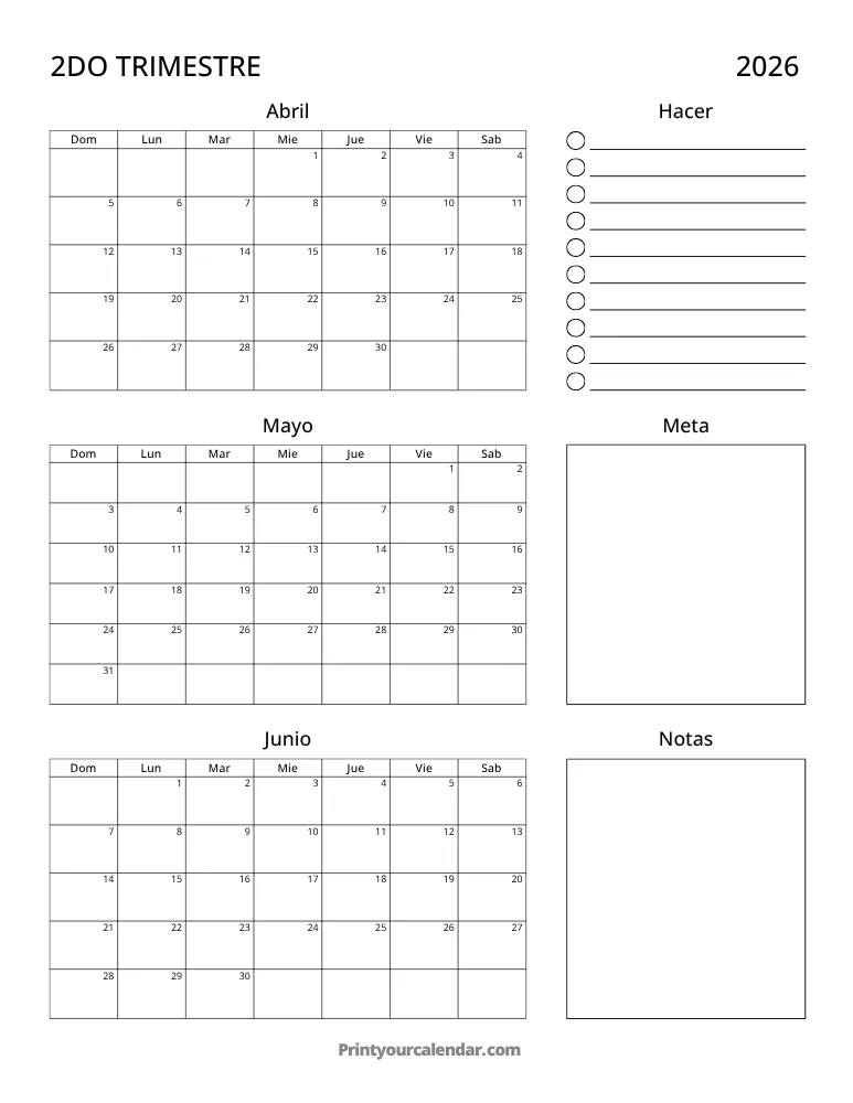 Calendario trimestral imprimible T2 2026