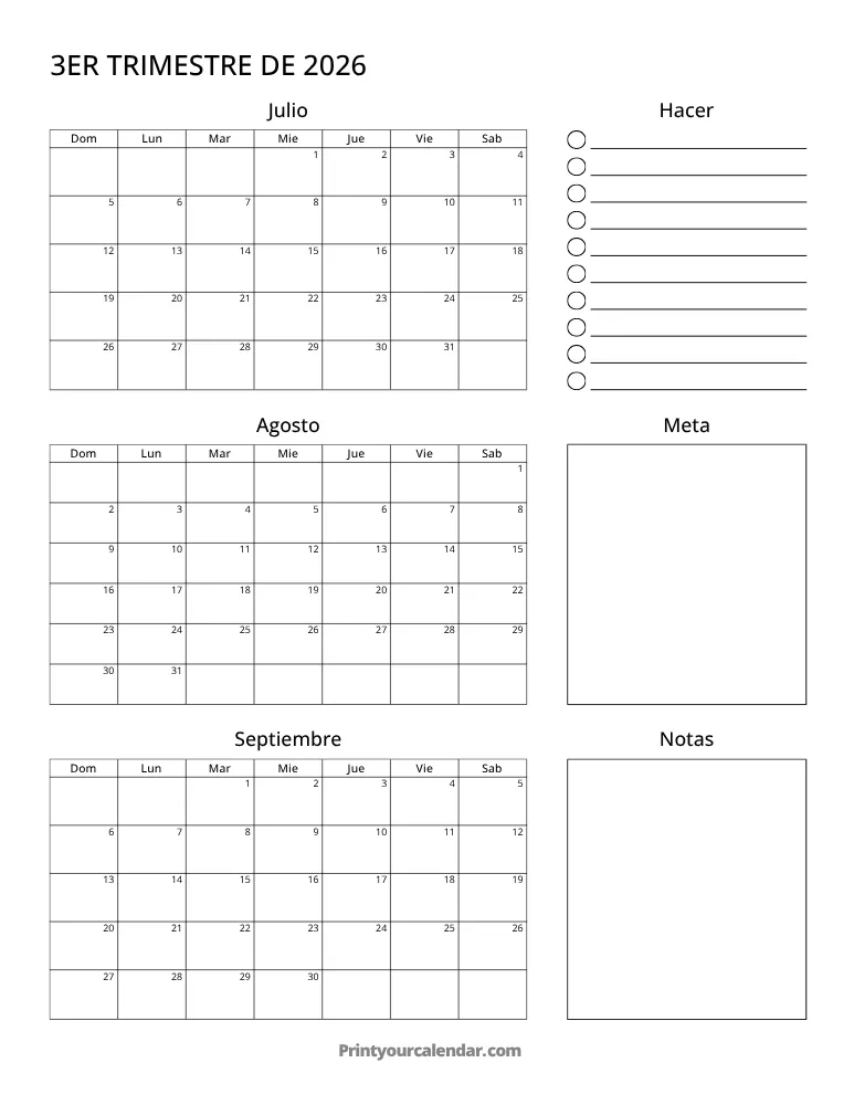 Calendario trimestral imprimible T3 2026