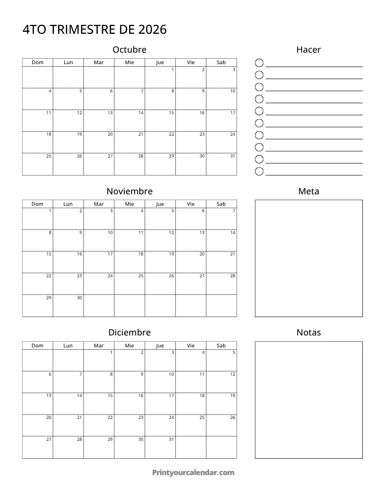 Calendario trimestral imprimible T4 2026