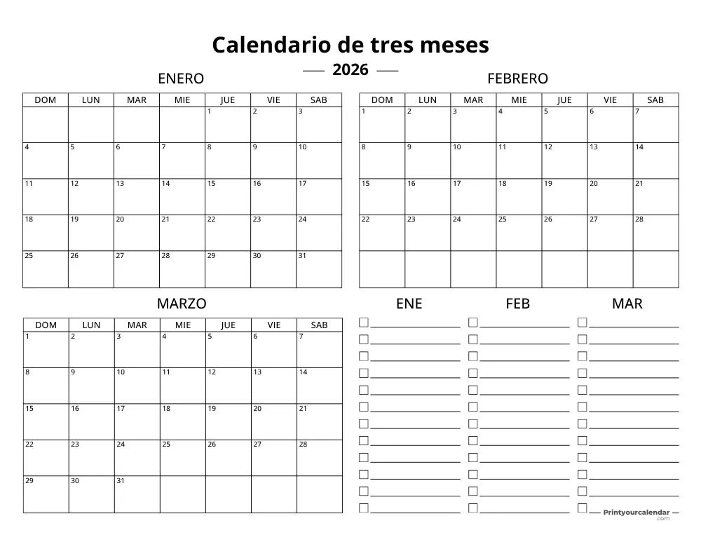 Plantilla de calendario trimestral 2026 T1