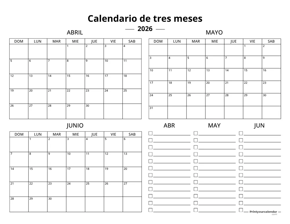 Plantilla de calendario trimestral 2026 T2