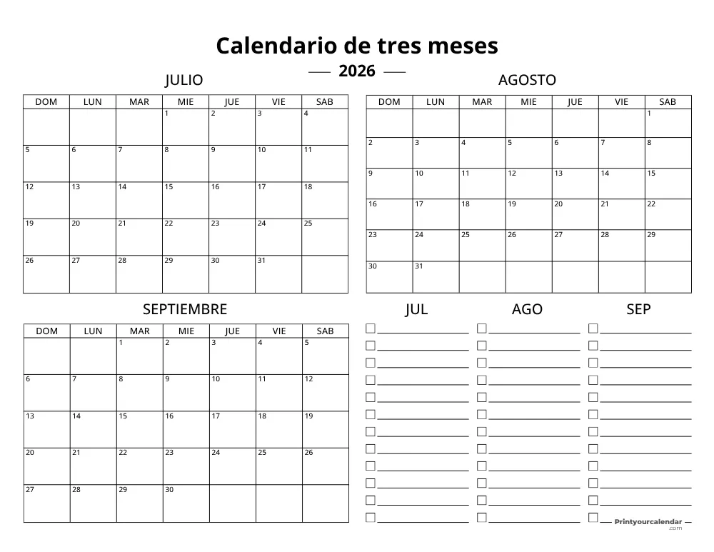 Plantilla de calendario trimestral 2026 T3