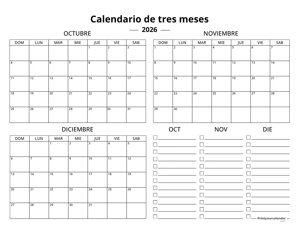 Plantilla de calendario trimestral 2026 T4