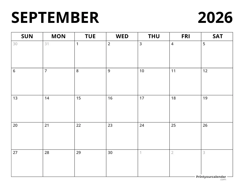 Blank September 2026 Calendar