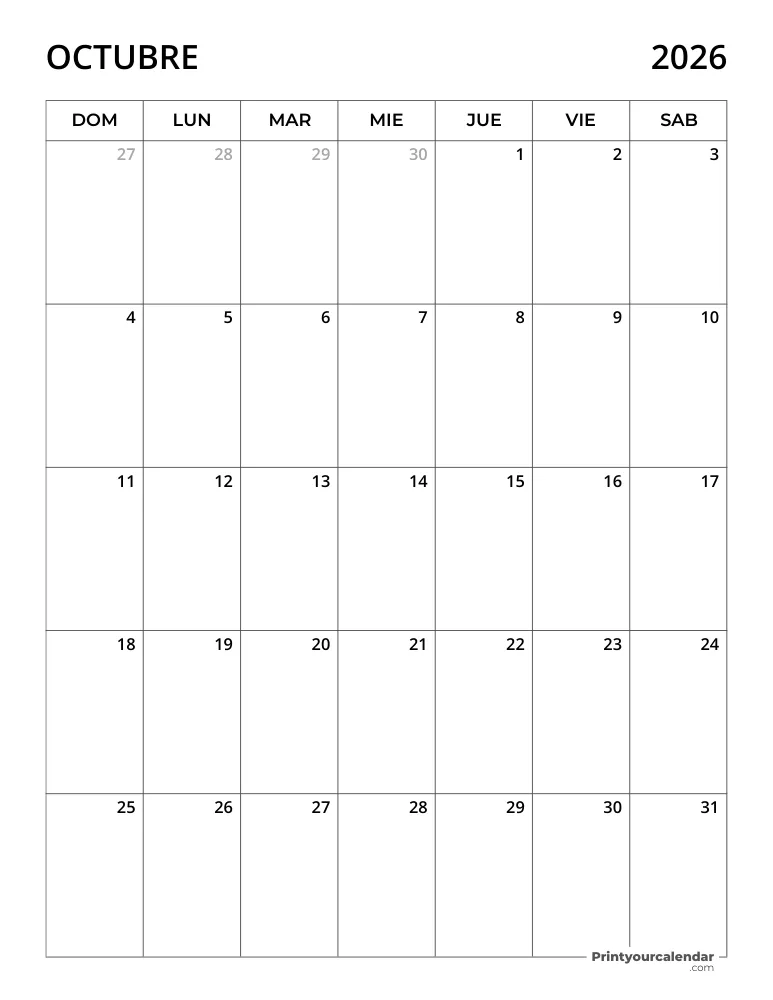 Calendario 2026 Octubre