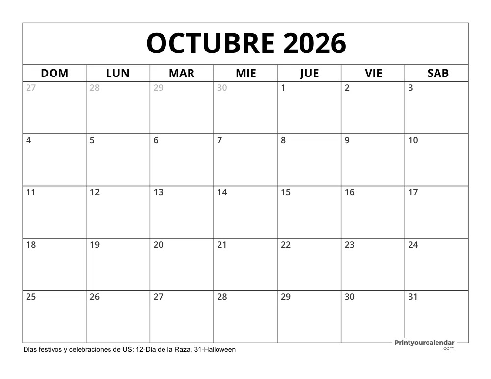 Calendario Octubre 2026 con Días Feriados