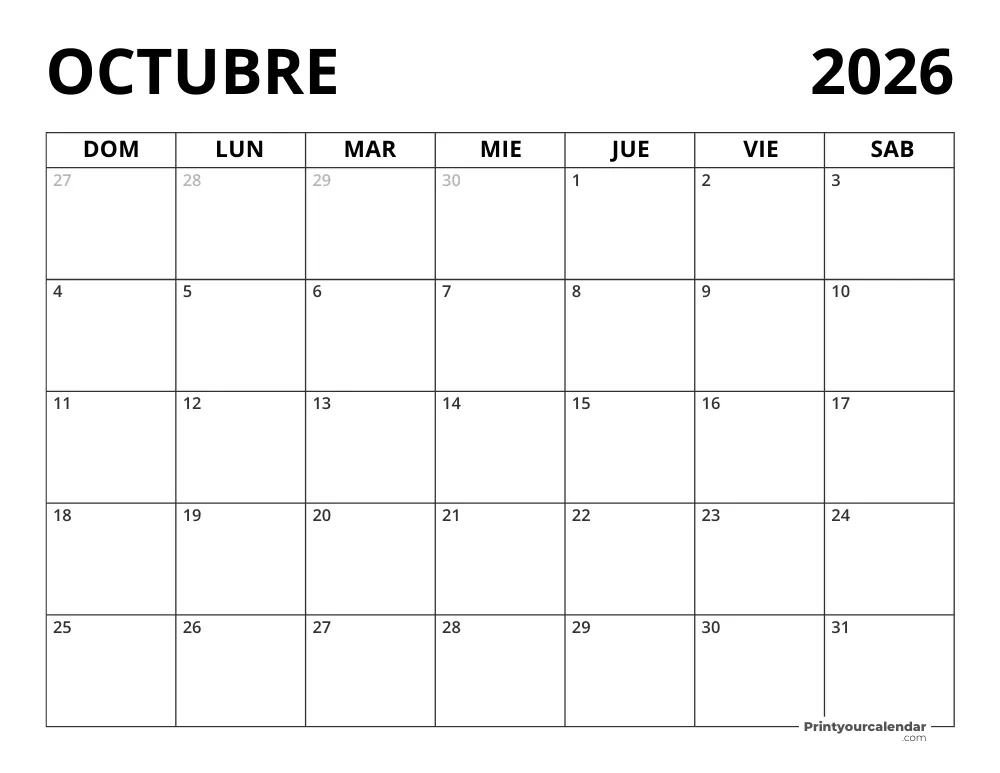 Calendario Octubre 2026 en blanco