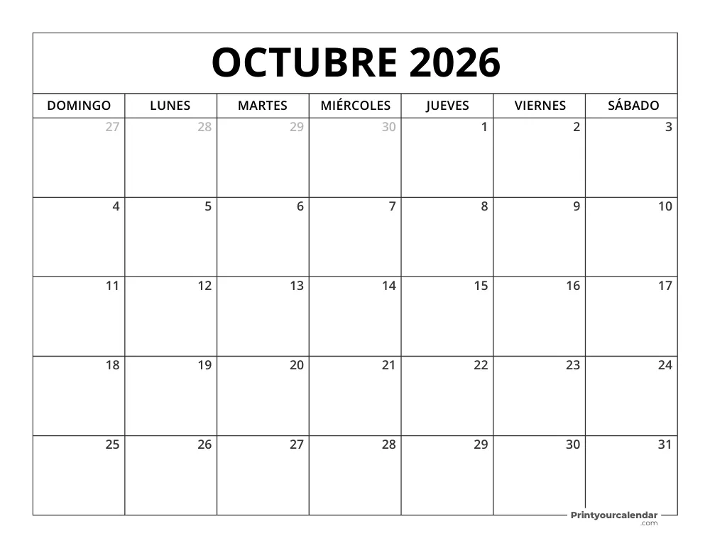 Calendario Octubre de 2026 Imprimible