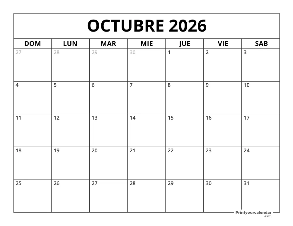 Calendario Octubre 2026